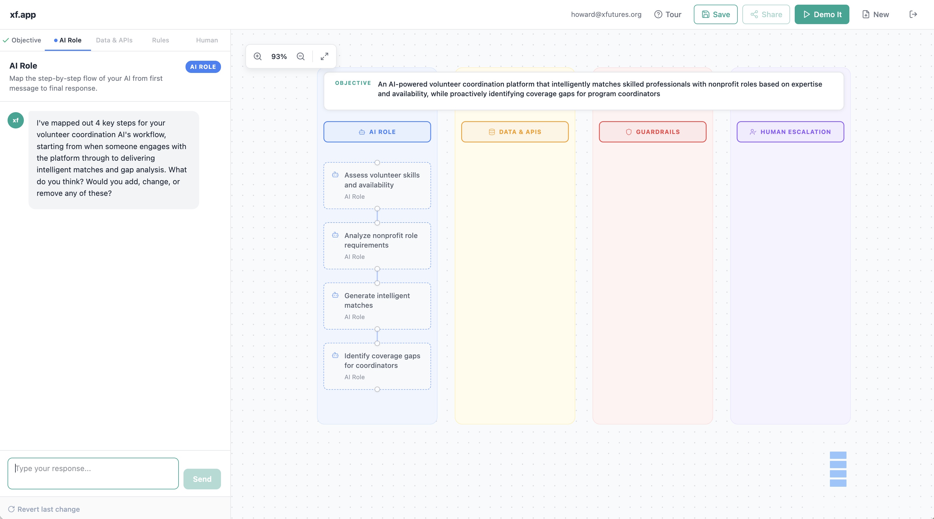 The xf.app canvas mid-build with the AI Role column populated and three columns still empty.