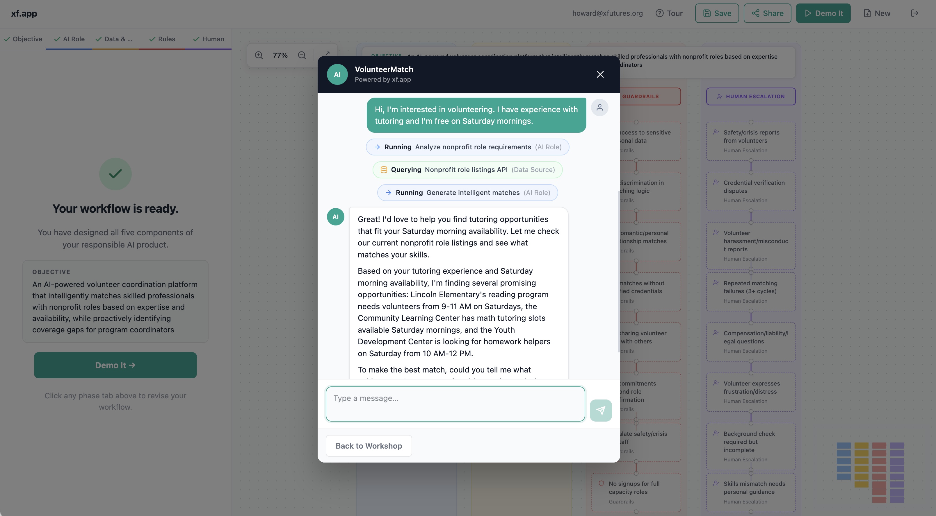 The xf.app demo interface showing the volunteer coordination AI responding to a first query and querying the nonprofit role listings API in real time.